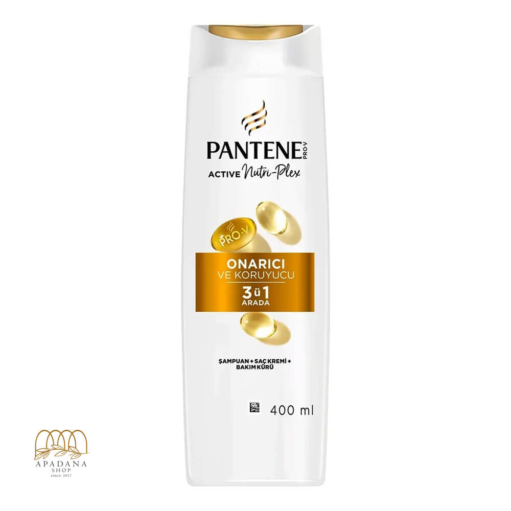 Pantene-Pro-V-Repairing-and-Protective-Shampoo,-Conditioner-and-Treatment-400ml (1) شامپو ترمیم کننده و محافظت کننده 3 در 1 پنتن مناسب موهای ضعیف و آسیب دیده 400 میل
