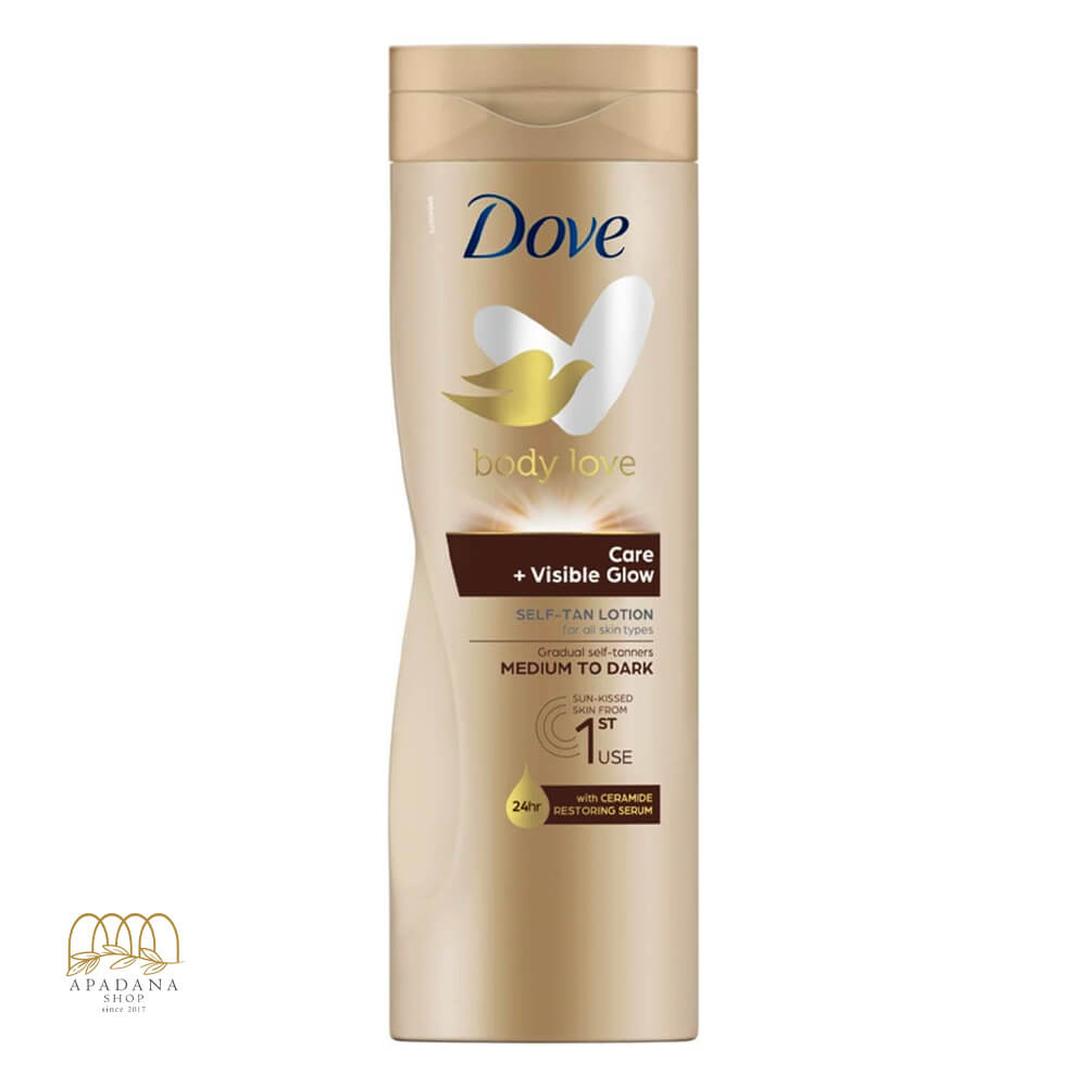 Body-Love-Visible-Glow-Gradual-Self-Tan-Body-Lotion-Medium-to-Dark-400ml (1) لوسیون درخشان کننده بدن داو برای پوست متوسط تا تیره 400 میل